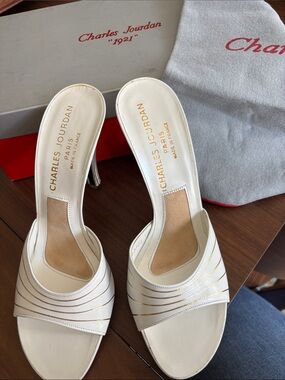 Charles Jourdan White Slide Mules with Gold Trim